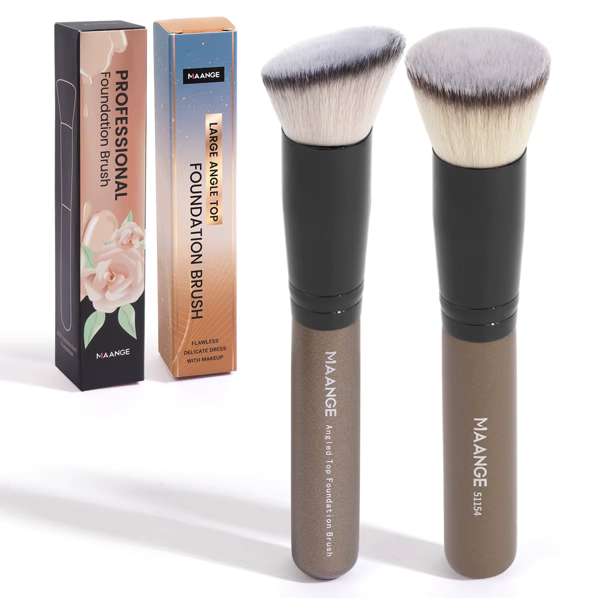 MAANGE 2PCS Foundation Makeup Brush Set Flat Angled Kabuki Powder Blush Brush for Liquid Soft Bristles Cosmetic Makeup Tools