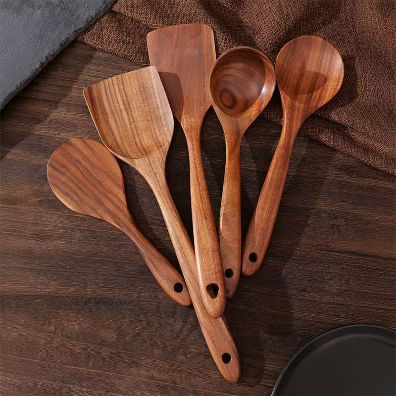 Wood Kitchenware Cooking Set Household Spatula Spoon Set Salad Spoon Fork Stirring Spoon Kitchen Baking Set With storage bucket